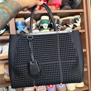 Fendi Black Neoprene and Leather Black Studded Medium 2Jours Tote Handbag